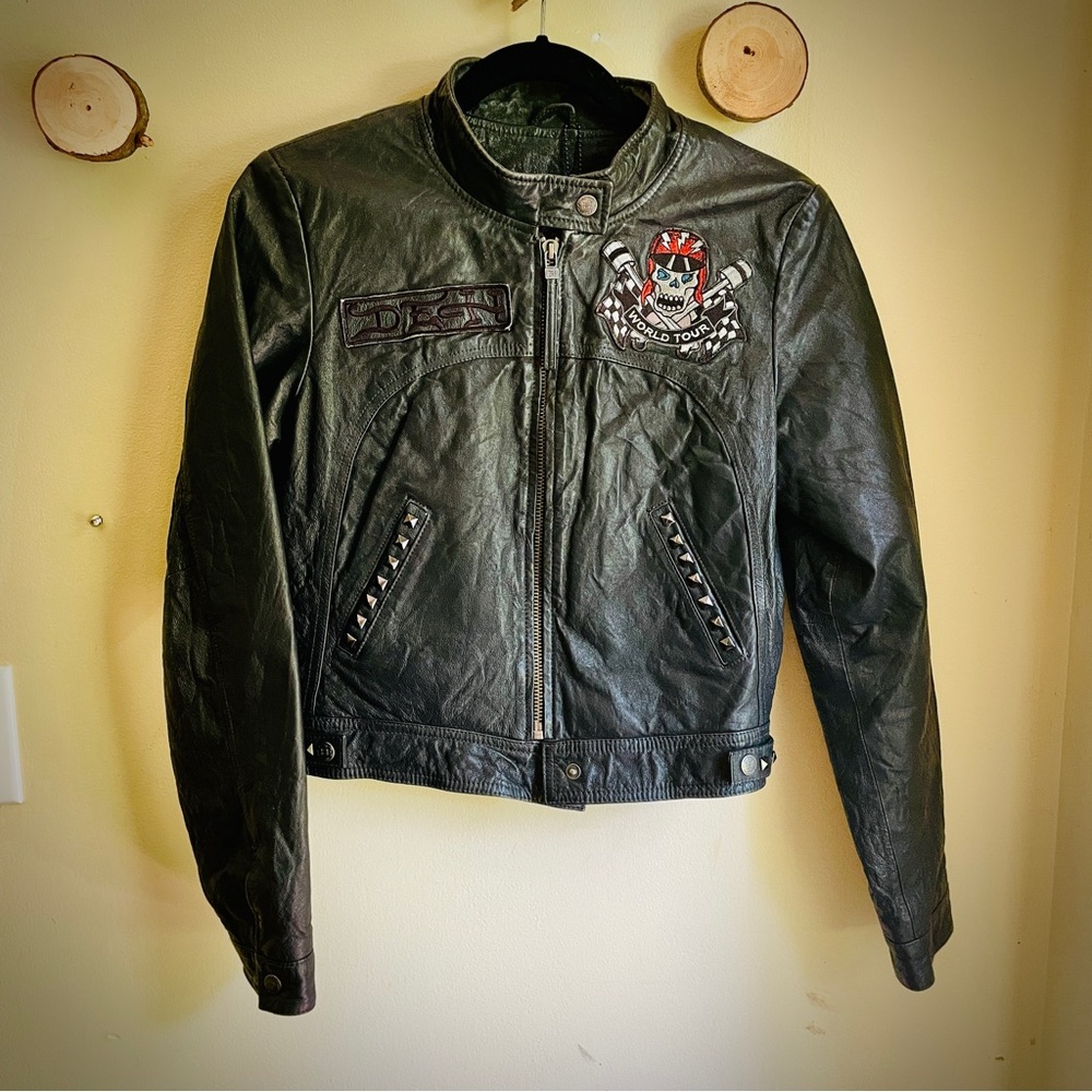 Ed Hardy Black Leather Jacket with Skull Patch by Christian Audigier Ladies M